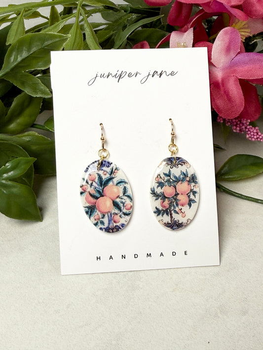 Taormina | Orange + Leaves Printed Oval Dangles