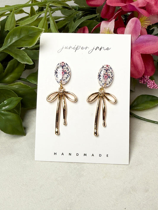 Taormina | Printed Oval + Gold Bow Dangle Earrings