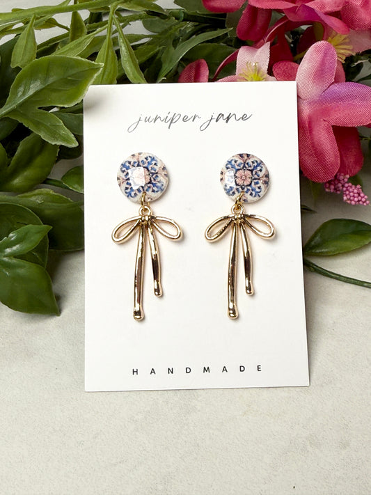 Taormina | Printed Circle + Gold Bow Dangle Earrings