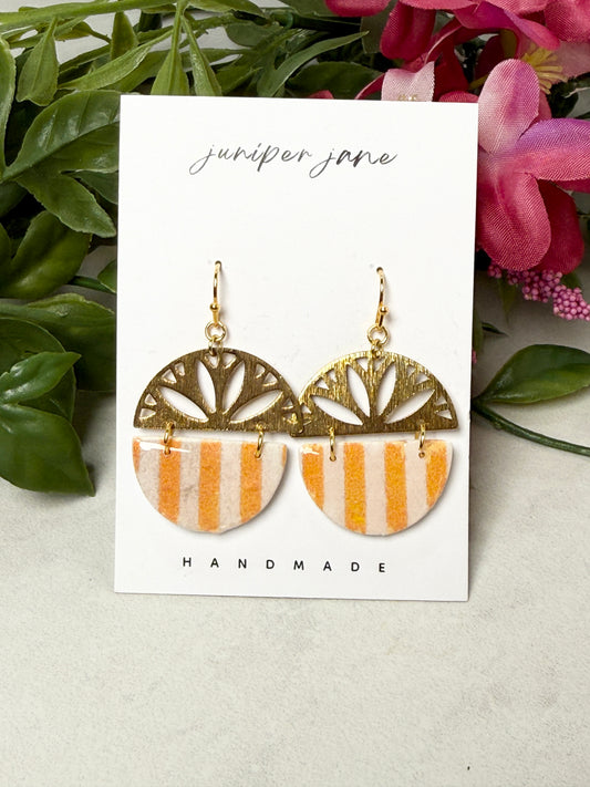 Taormina | Orange + White Striped Gold Starburst Dangle Earrings