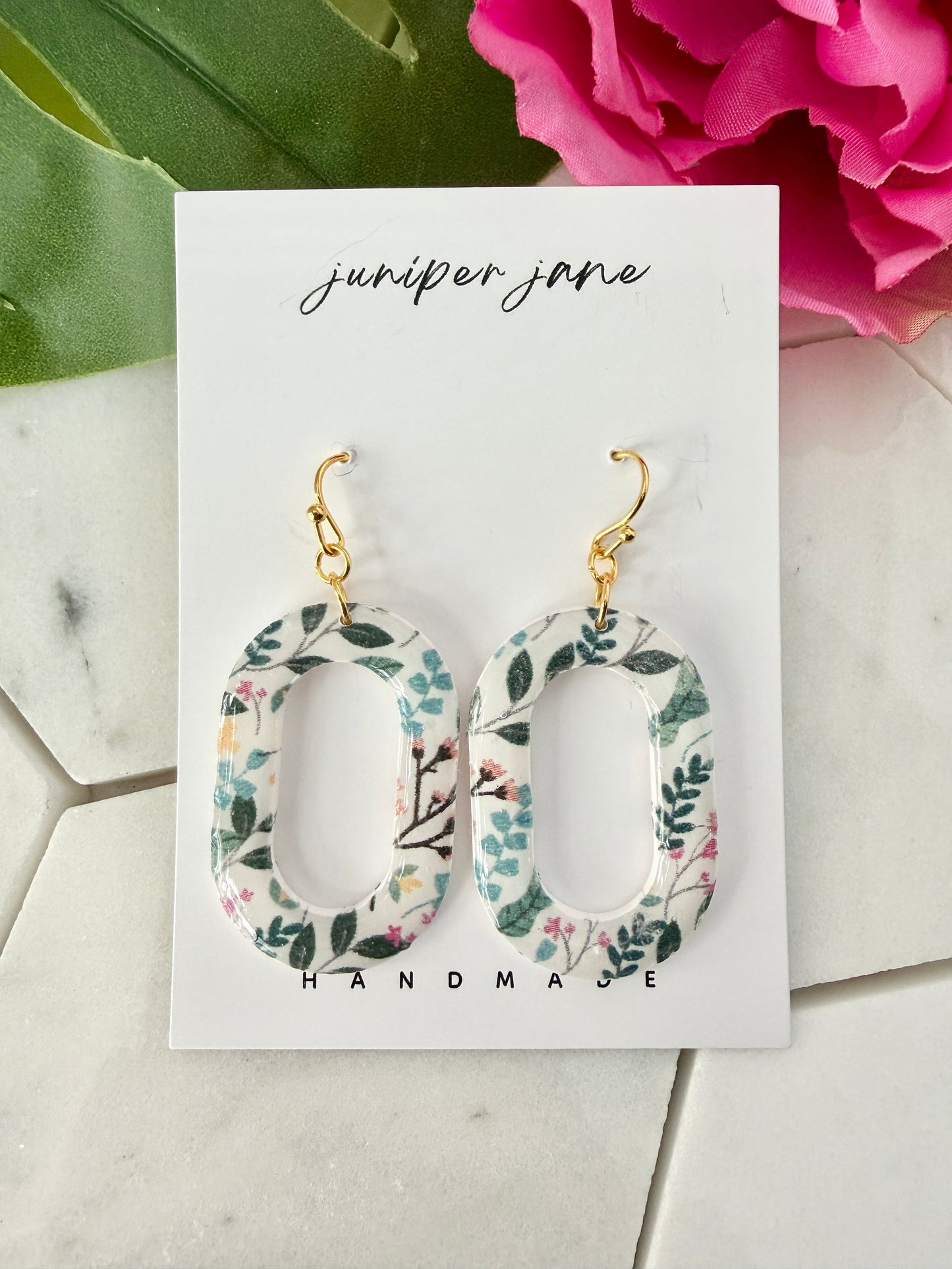 Bloom | Large Botanical Print Oval Dangle Earrings