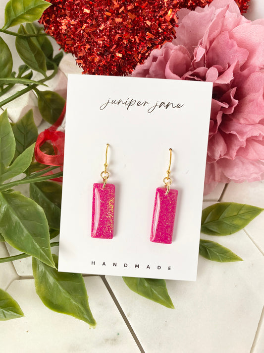 XO | High Gloss Raspberry Glittery Bar Dangles