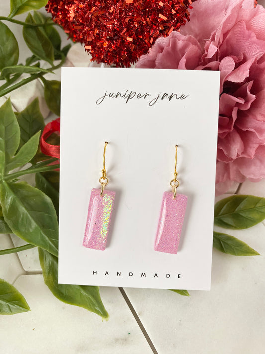 XO | High Gloss Light Pink Glittery Bar Dangles