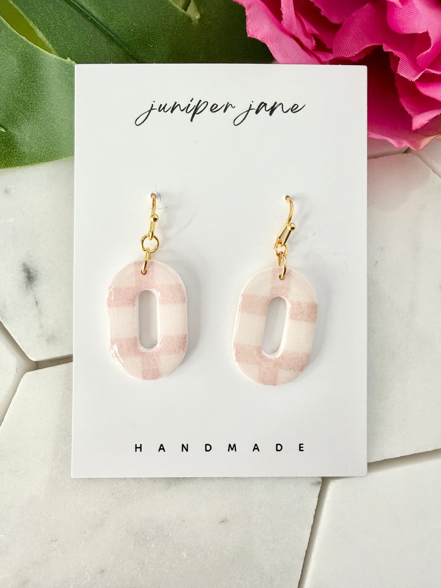 Bloom | Pink Gingham Oval Dangle Earrings