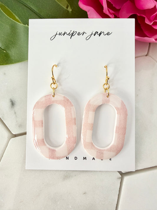 Bloom | Large Pink Gingham Oval Dangle Earrings